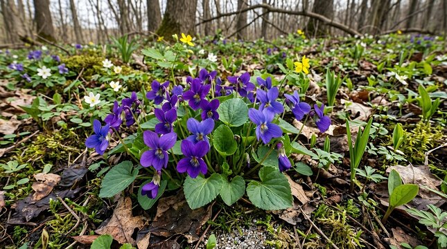 Grouping of vibrant violet early blooming spring flora thriving within a natural botanical sanctuary during seasonal awakening  cluster purple crocus flowers spring garden photo background
