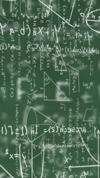 Digital animation of mathematical equations moving against mathematical symbols on green background