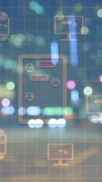 Animation of icons of communication devices over city at night