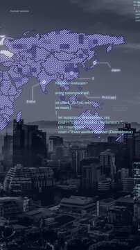 Animation of data processing and world map over cityscape