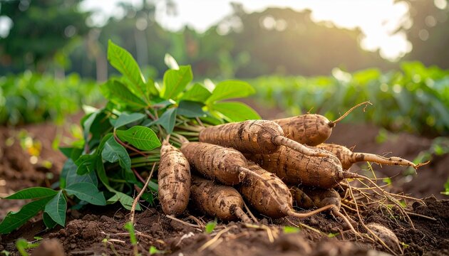 Freshly harvested taro roots in a lush garden setting.