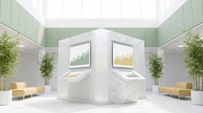 Modern office lobby with interactive digital kiosks, bright minimalist interior design, green and yellow data charts on screens, for business technology and corporate communication
