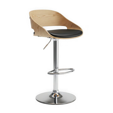 Modern wooden bar stool with black leather seat and adjustable metal base for home kitchen isolated on transparent background , PNG