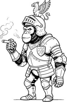 Chimpanzee Knight in Full Medieval Armor Smoking a Cigar Illustration
