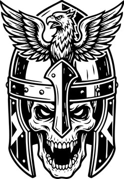 Skull in medieval knight helmet with eagle crest illustration