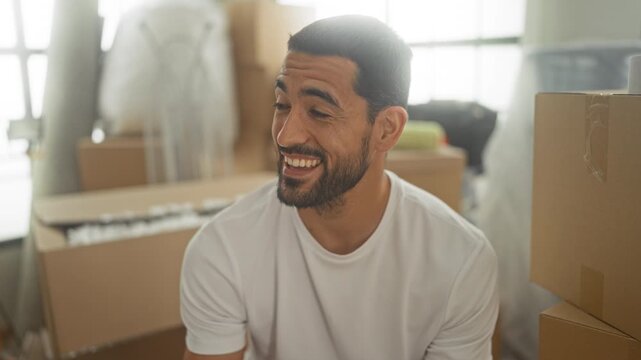 Man smiling during moving, surrounded by cardboard boxes with clasped hands in a building; joy new home.