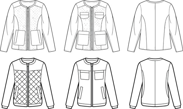 Collarless quilted zip-front jacket options technical flat drawing showcasing diamond quilting, patch pockets, welt pockets, and collarless necklines