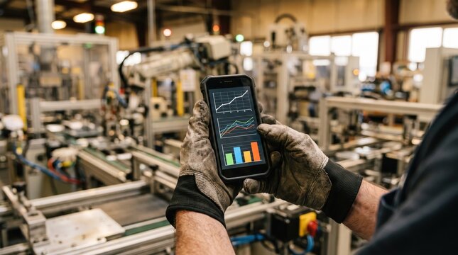 Industrial worker holding smartphone monitoring factory production data analytics and graphs in modern automated manufacturing plant facility, industry 4.0 technology