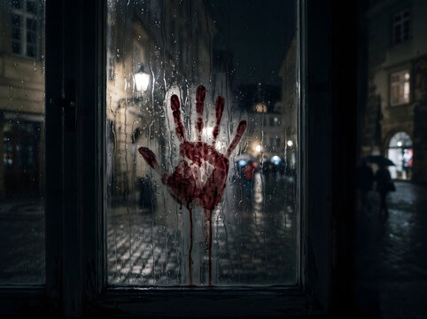 Mysterious bloodied handprint on rain streaked glass window at night