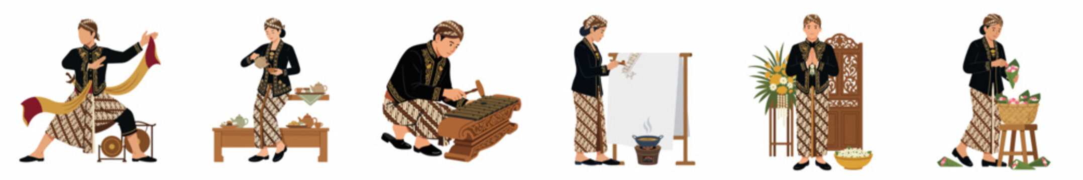 Illustration set of Javanese people in traditional clothing performing cultural activities including dancing, playing gamelan music, and making batik art on white background.