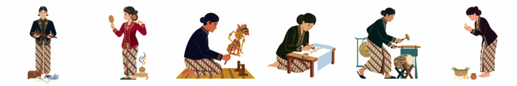 A collection of vector illustrations depicting traditional Javanese cultural activities like batik making, puppet theater, and traditional dance and music.