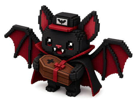 Cute Halloween Vampire Bat Holding a Coffin in Pixel Art Style