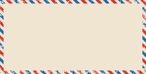 Obraz premium Vintage airmail envelope frame featuring distressed red and blue diagonal border stripes with a blank cream center for messages