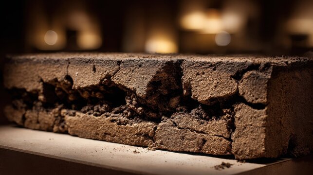 Crumbled section of an ancient clay tablet revealing its textured, layered structure