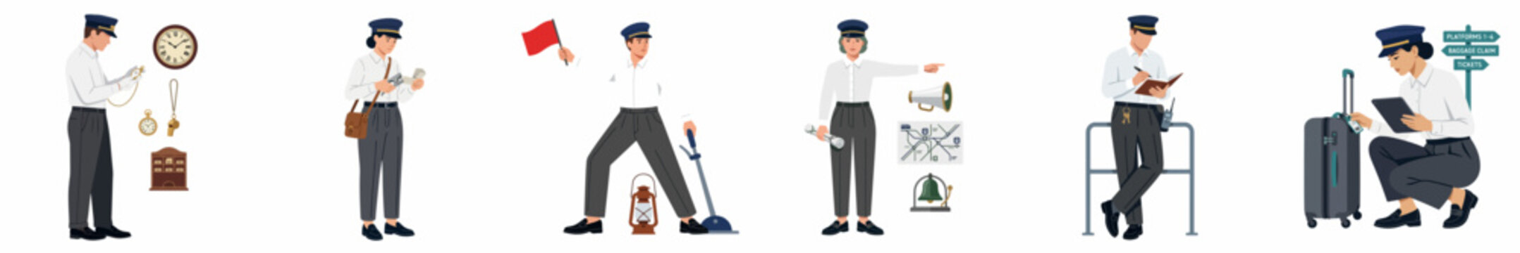 Flat vector illustration set of a railway station master or conductor performing various professional duties and tasks in a classic uniform.