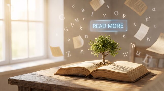 Conceptual education background with green tree growing from open book, flying letters and read more button, literacy and learning concept