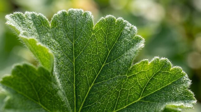 Highly detailed macro view of textured scalloped foliage with tiny soft hairs and intricate green organic veins botanical close up background rose geranium leaves plant botany foliage