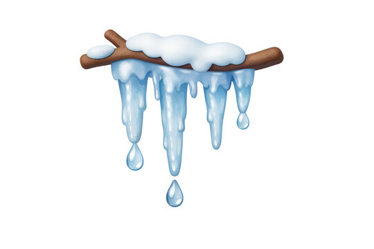 Snow covered branch with dripping icicles