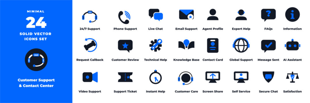 Customer support and contact center solid vector icon set with live chat, phone, email, help desk, AI assistant and service symbols