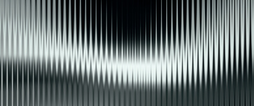 Black glass panel with vertical fluted texture and abstract gradient pattern. Acrylic striped surface with light refraction and distortion effect.