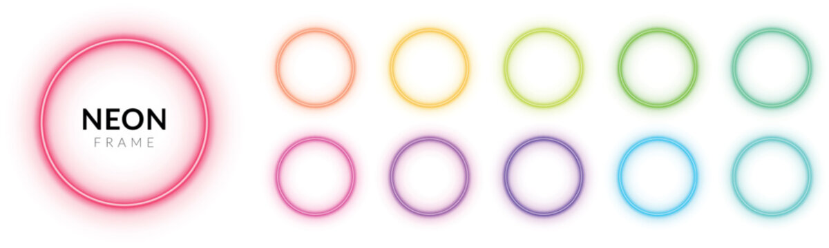 Neon glowing circular frame collection in pink, orange, yellow, green, blue, and purple colors. Luminous ring border with light effect.