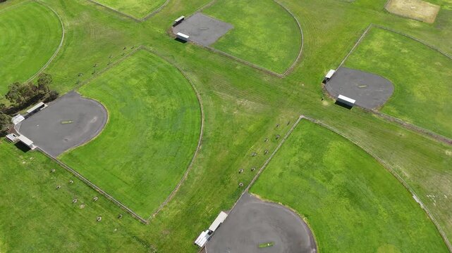 Aerial top-down view of multiple baseball and softball diamonds with green grass outfields and dark dirt infields at President's Park in Wyndham Vale, Melbourne, Australia. Municipal sporting space 