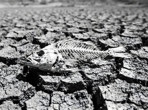 Fish skeleton resting on cracked dry ground