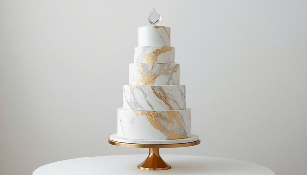 Five-tier luxury white marble wedding cake featuring metallic gold veins, kintsugi accents, and a crystal gem topper on white background