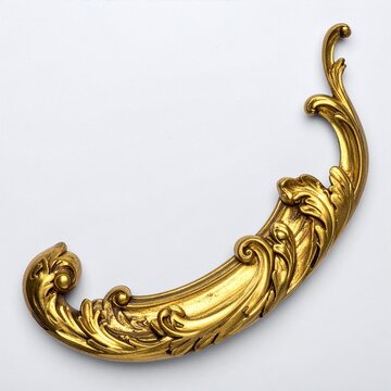 Classical golden baroque curved scroll ornament isolated on white background.