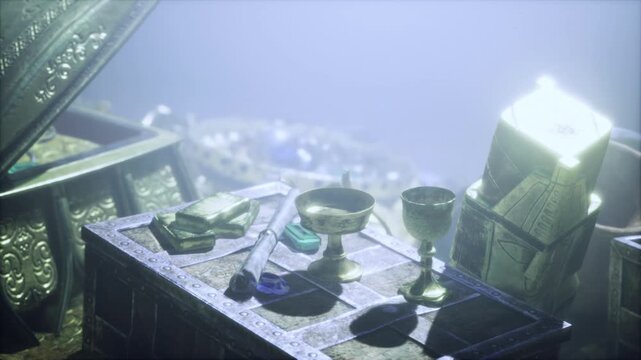 shiny goblets and ornate cups arranged on carved chest surface, ritual or banquet remnants with soft haze and focused rim lighting highlighting engravings
