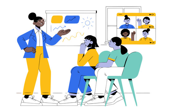 Businesswoman giving presentation to colleagues during team meeting with remote participants on video call, discussing charts, strategy and collaborative project