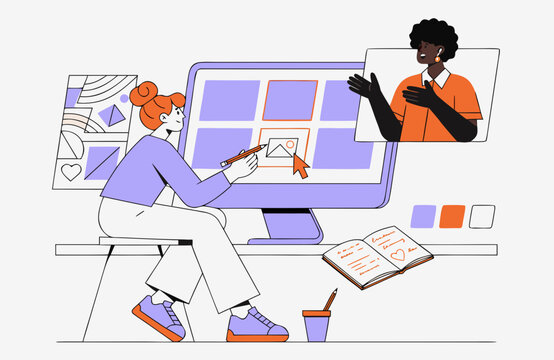 Graphic designer creating digital layout on desktop computer during video call, collaborating remotely on visual design, branding and creative project