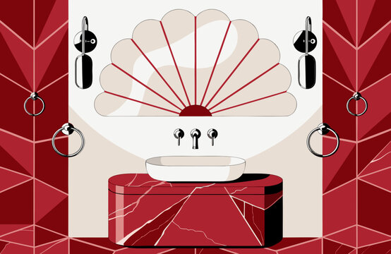 Neo deco bathroom interior with red marble vanity, scalloped fan mirror, geometric wall panels and black fixtures, blending art deco luxury with modern design