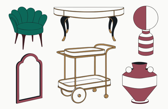 Neo deco furniture and decor collection with green chair, console table, bar cart, mirror and sculptural vases in elegant art deco style