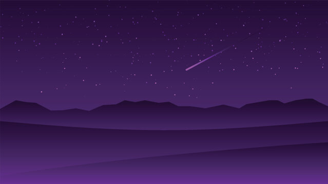 night landscape cartoon background. dark field with mountain and starry sky