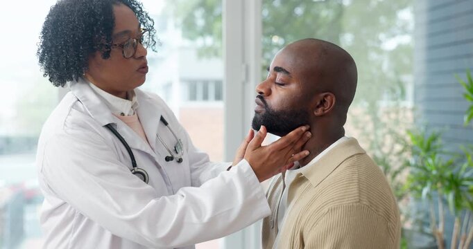 Health, doctor or man with consulting for sore throat, thyroid exam or medical check for infection. Healthcare, worker and patient in ENT clinic checkup for lymph nodes pain, tonsillitis or diagnosis