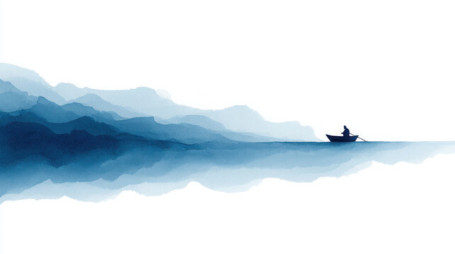 Minimalist watercolor of a small boat on a vast blue ocean