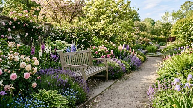 Wooden garden bench surrounded by blooming flowers in a peaceful botanical garden, soft sunlight, premium spring scenery, no text, no logo, no watermark.