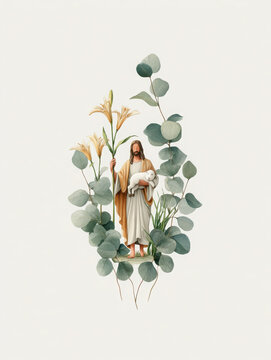 Watercolor of Jesus the Good Shepherd carrying a lamb