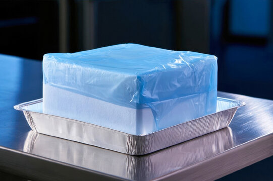 White styrofoam box wrapped in blue plastic on aluminum tray