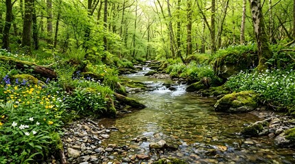 Obraz premium Crystal-clear stream flowing through a forest filled with vibrant spring foliage and wildflowers, tranquil nature landscape, ultra realistic.