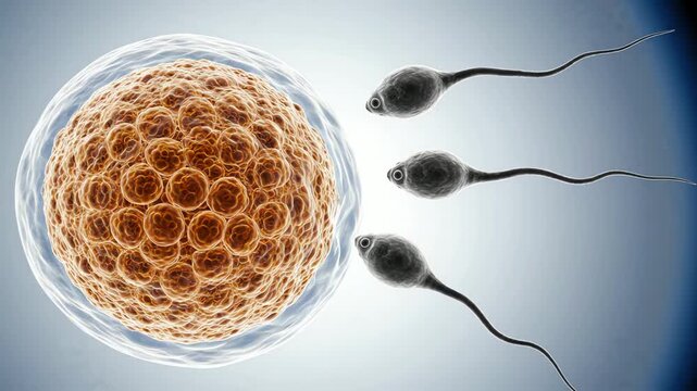 In vitro fertilization, one healthy human ovum positioned in a clean laboratory-inspired microscopic environment while three sperm cells slowly approach the ovum