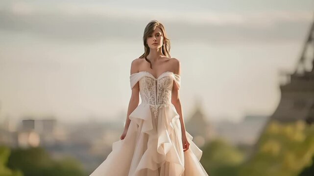 Paris, France, Europe. A portrait of a woman standing in front of the Eiffel Tower in Paris, France. She wears a white, offtheshoulder gown with intricate lace detailing and a voluminous skirt.