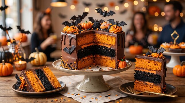 A festive Halloween-themed chocolate and pumpkin layer cake decorated with bats and pumpkins, served at a cozy gathering with friends in the background.
