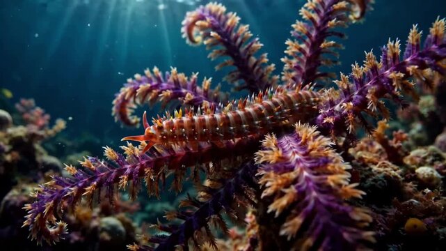 Vibrant Bearded Fireworm Crawling on Sea Star Underwater