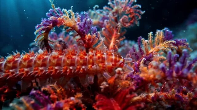Bearded fireworm crawling on vibrant coral reef underwater