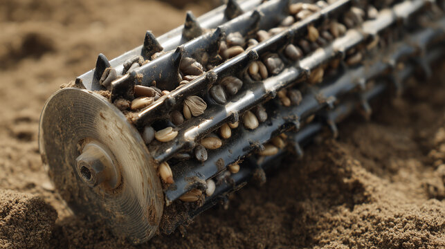 Metal drum component for an agricultural planter brimming with seed grains, soil present in frame