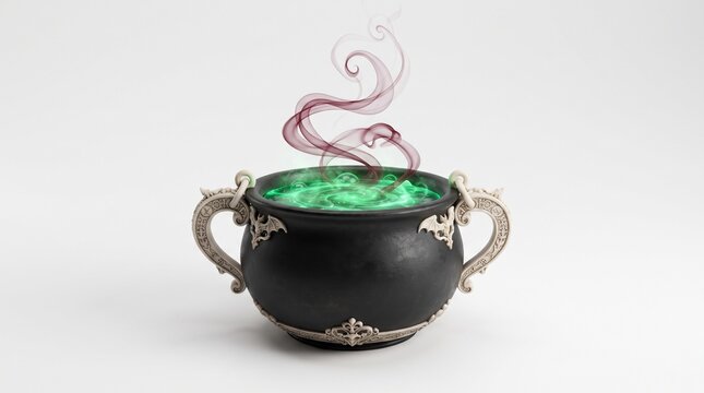 Black witch cauldron filled with glowing green magic potion and curling purple