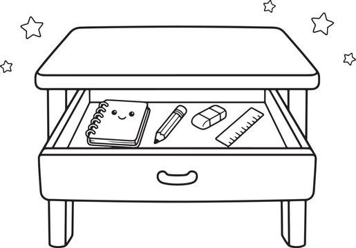 Open school desk drawer with notebook and supplies