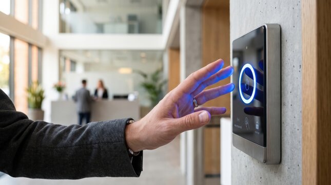 A person uses a modern touchscreen access control panel inside a bright office lobby with blurred reception staff in the background.